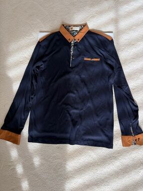 Men's Navy Long-Sleeve Polo with Tan Contrast Trim